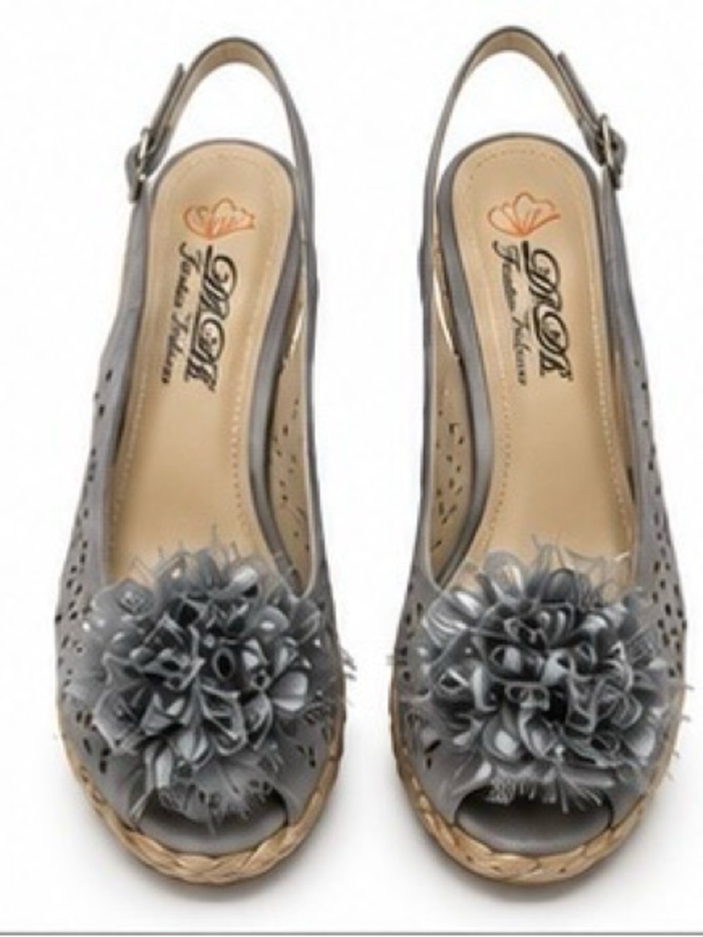 Size 8.5. DbDk Fashion Grey Floral Peep-Toe Cork Wedge Sandals